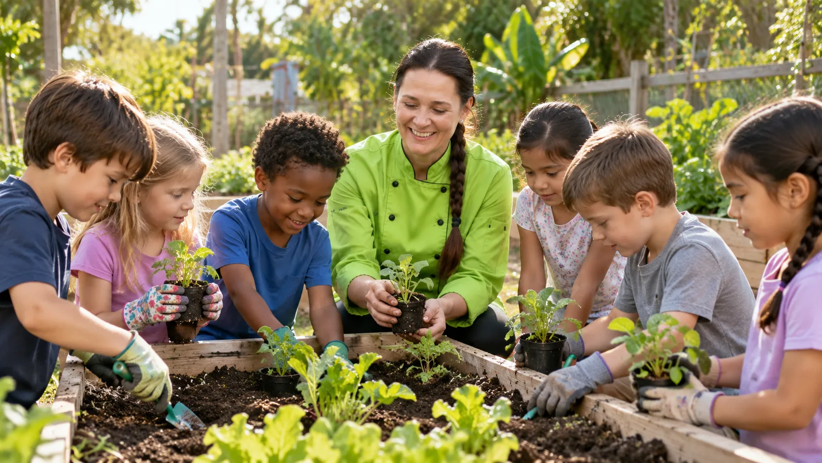 A group of children gathered around a raised garden bed with an educator, working with seedlings and tools