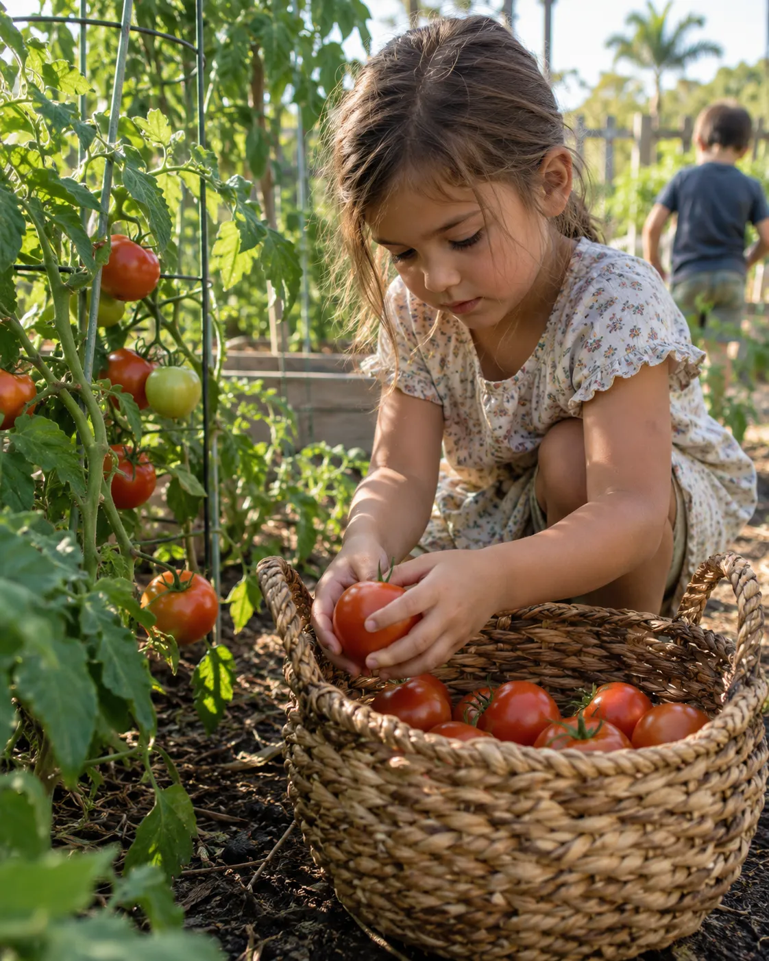 A child carefully lifting ripe tomatoes into a woven basket in a sunlit garden