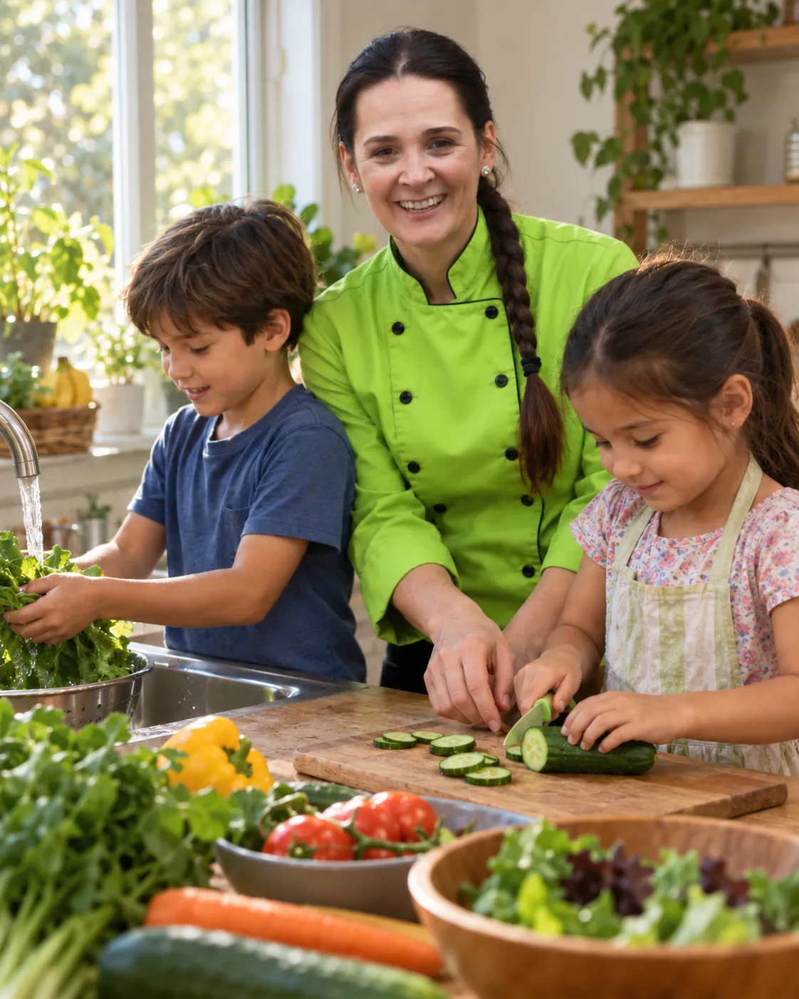 A parent and two children preparing vegetables together at a kitchen counter