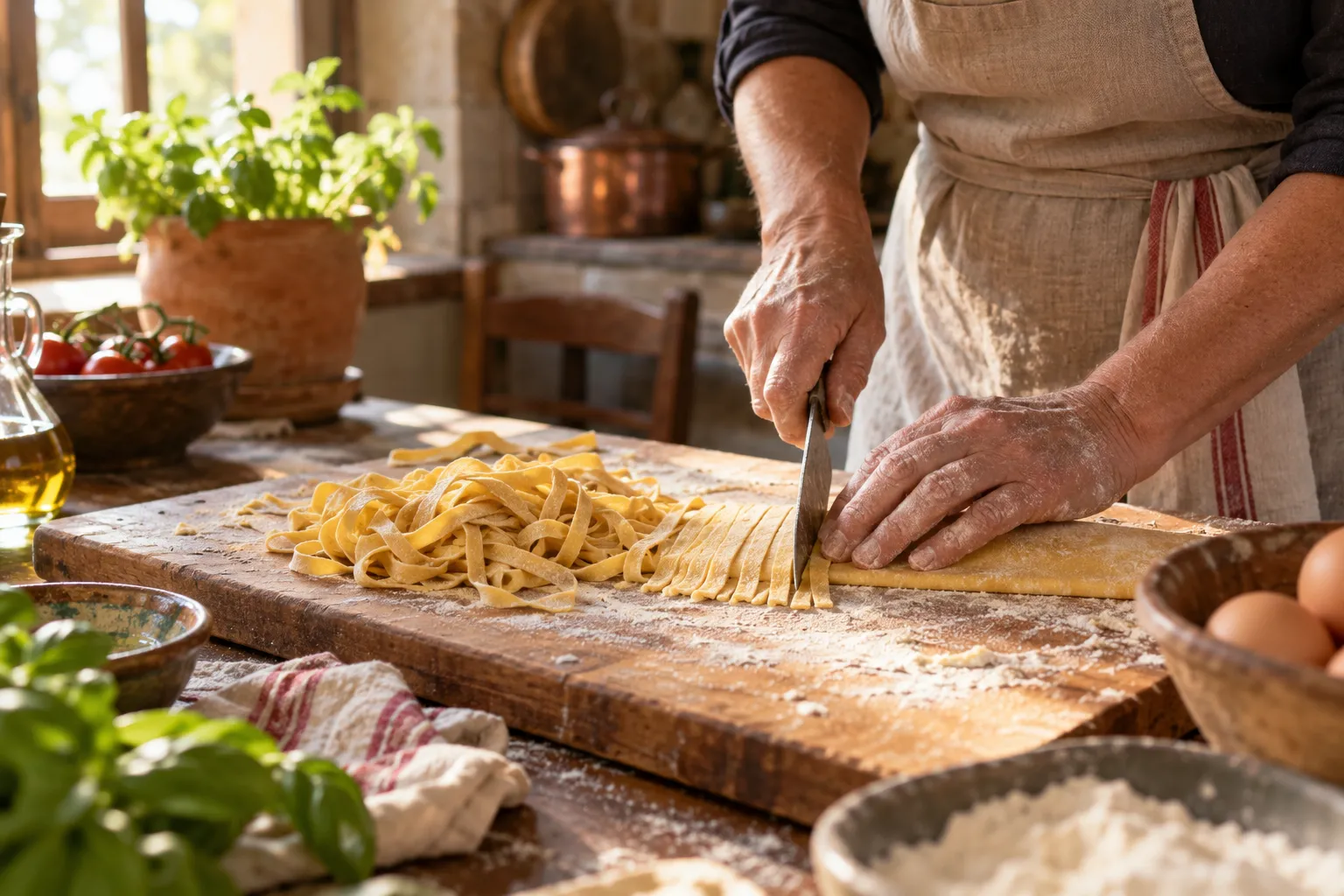Hands rolling fresh pasta on a floured wooden board in a traditional Italian kitchen
