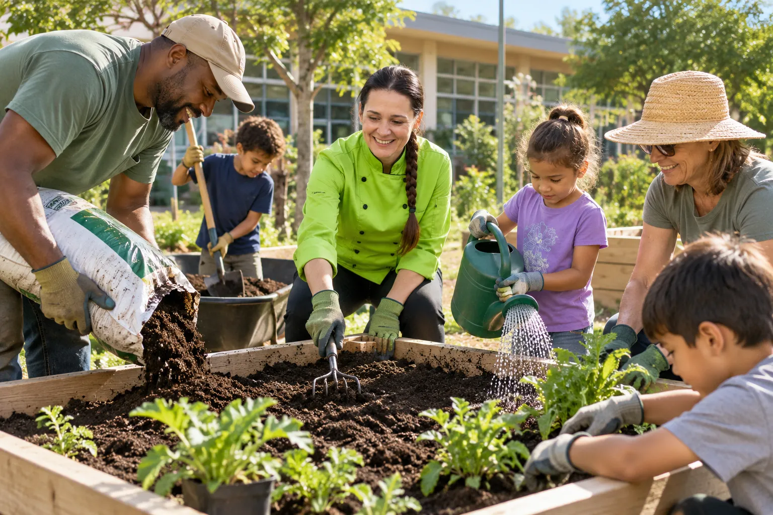 Volunteers and families working together to build and fill a raised garden bed on a school grounds
