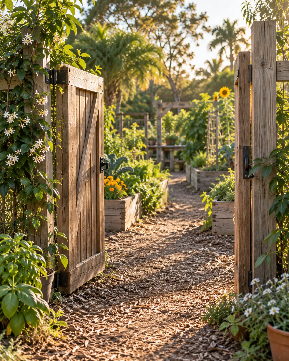 An open wooden garden gate leading into a planted growing space, warm light along the path