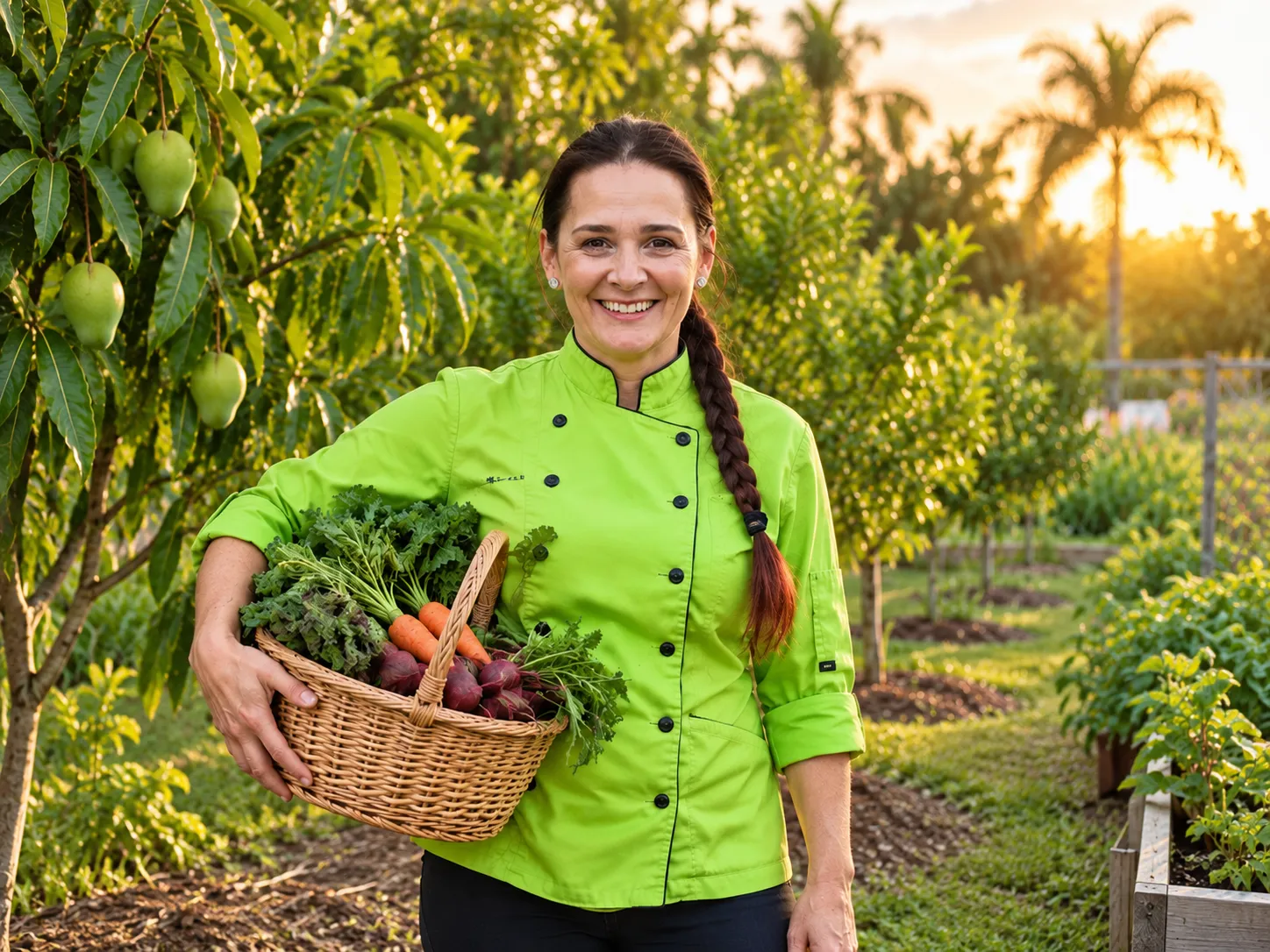 Daniela Craciun standing among fruit trees on her farm, holding a basket of just-picked produce