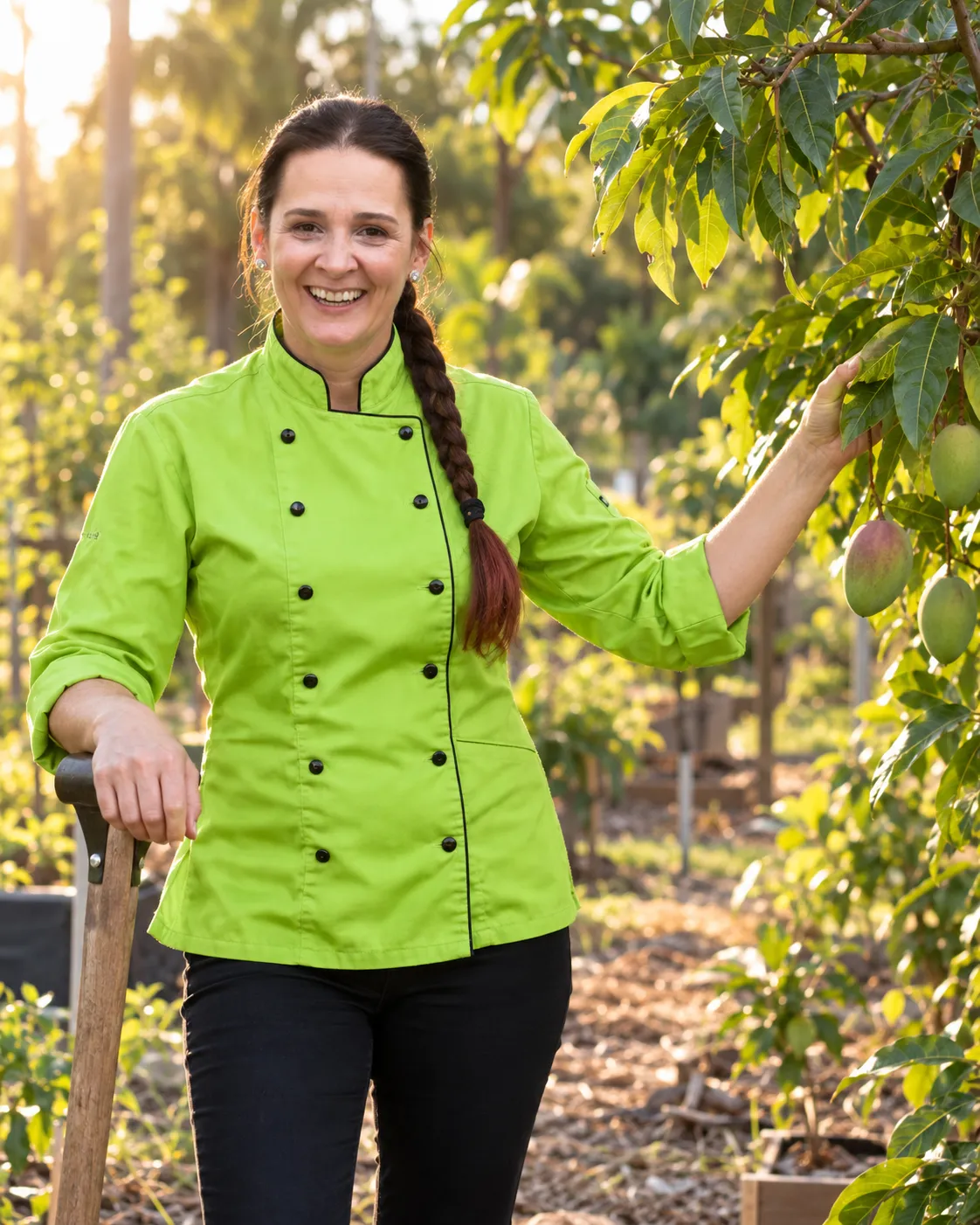 Daniela Craciun on her Florida farm, standing among young fruit trees in warm afternoon light