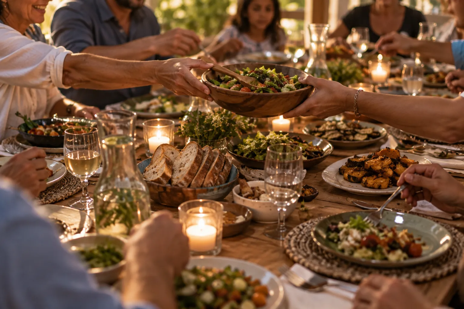 A long restaurant table set for a shared meal, dishes being passed between guests