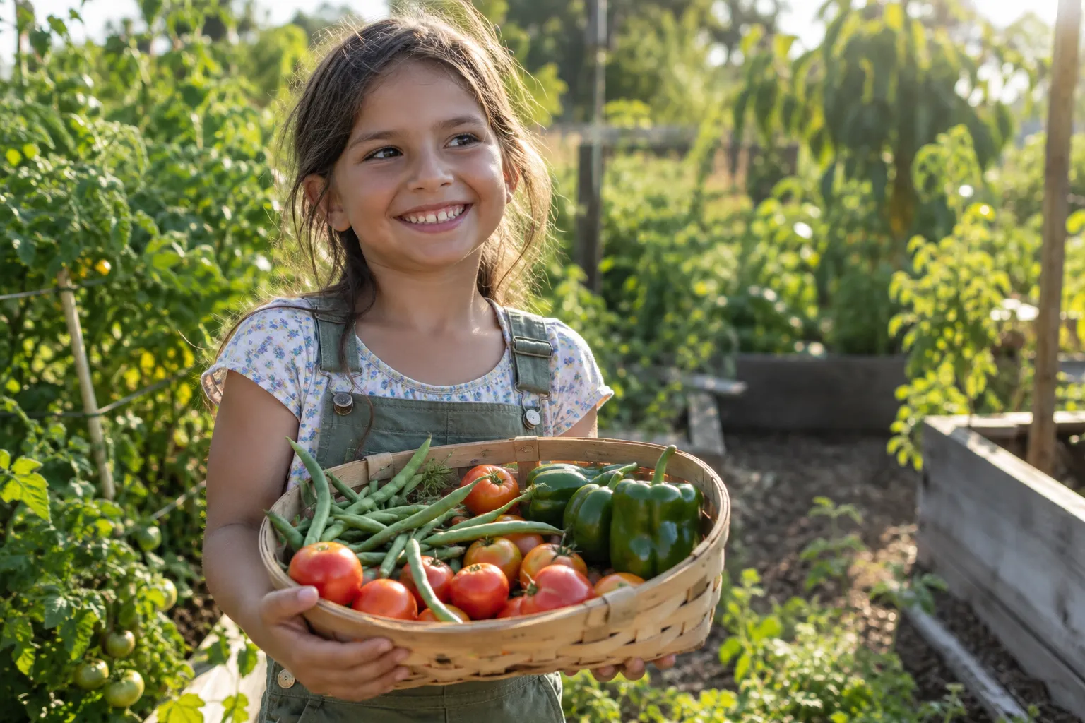 A child holding up a basket of vegetables they have just harvested, grinning at someone off camera