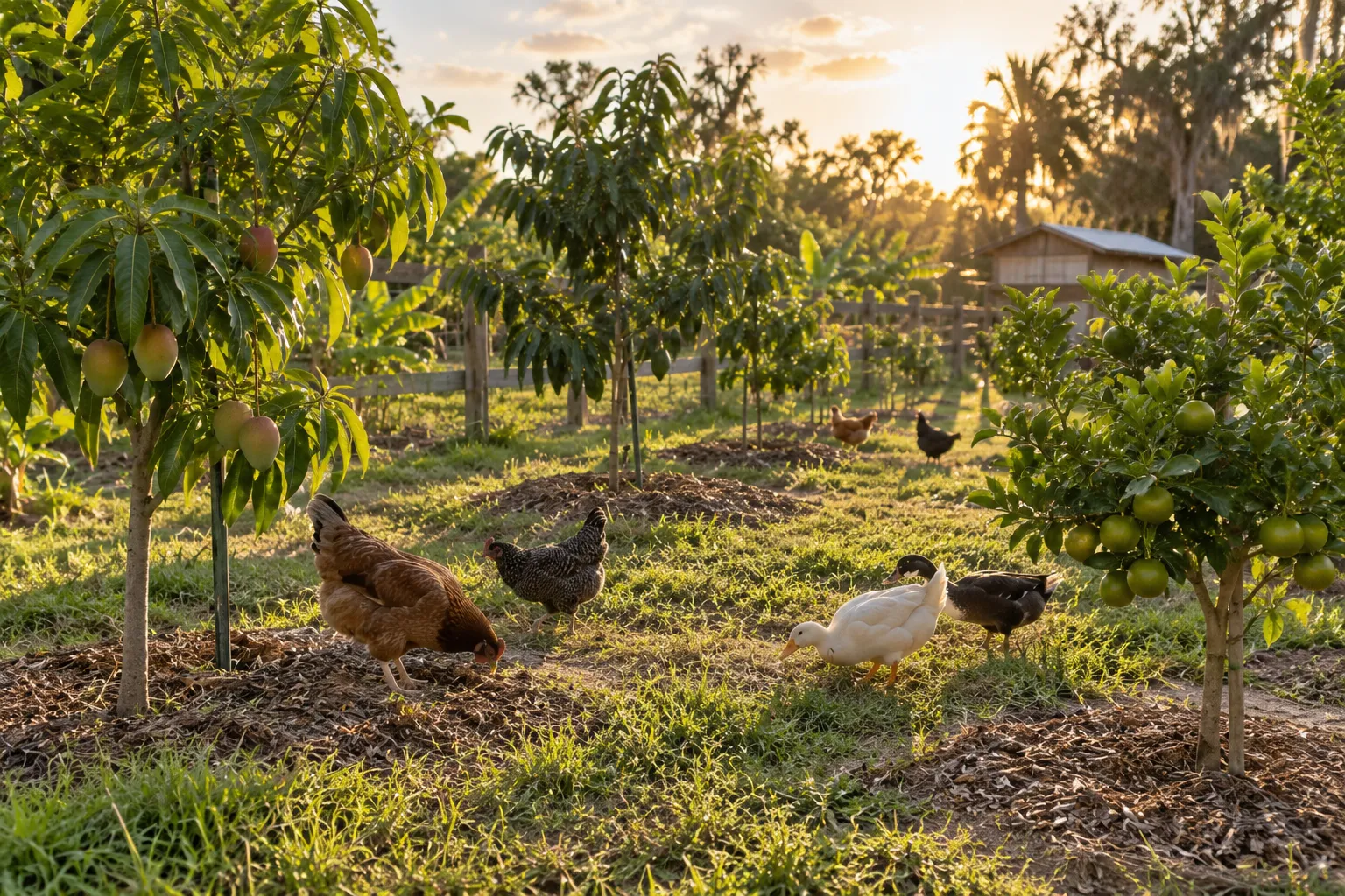 Rows of young tropical fruit trees on a Florida farm with chickens moving between them