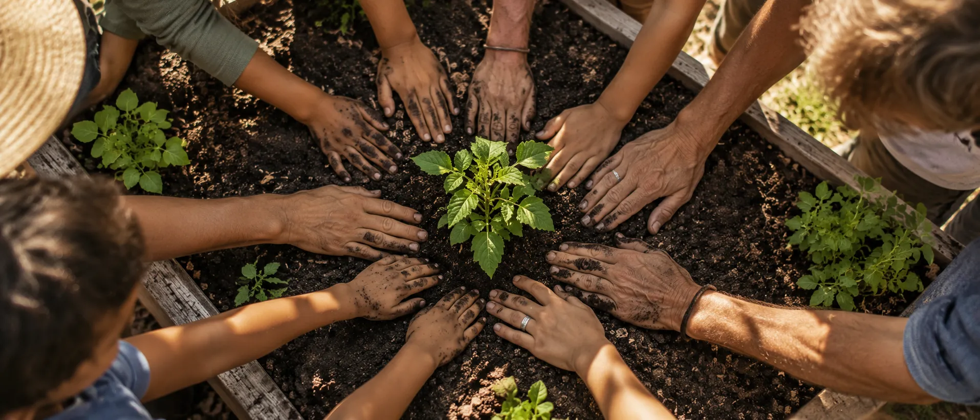 Many hands of different ages reaching in together around a freshly planted garden bed