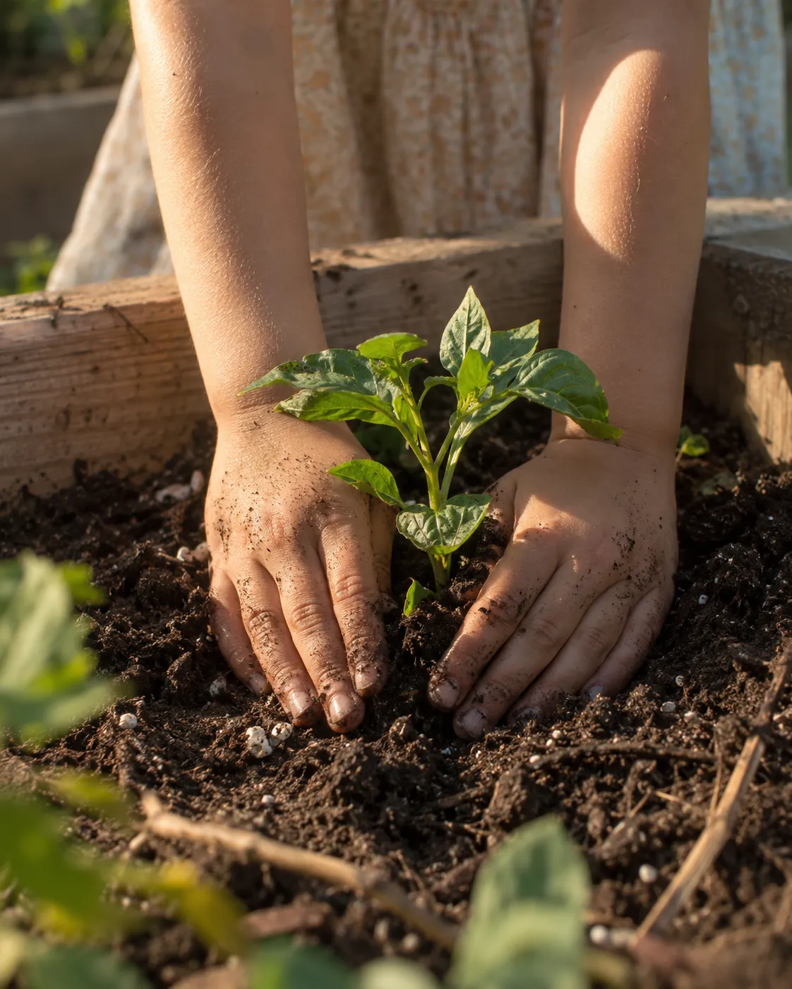 A child's hands settling a small seedling into dark soil in a raised garden bed