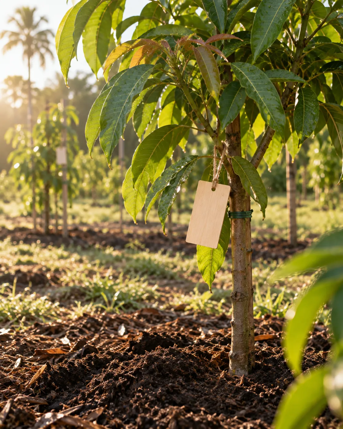 A young tropical fruit tree newly planted in a grove, a small blank wooden tag tied to one of its branches