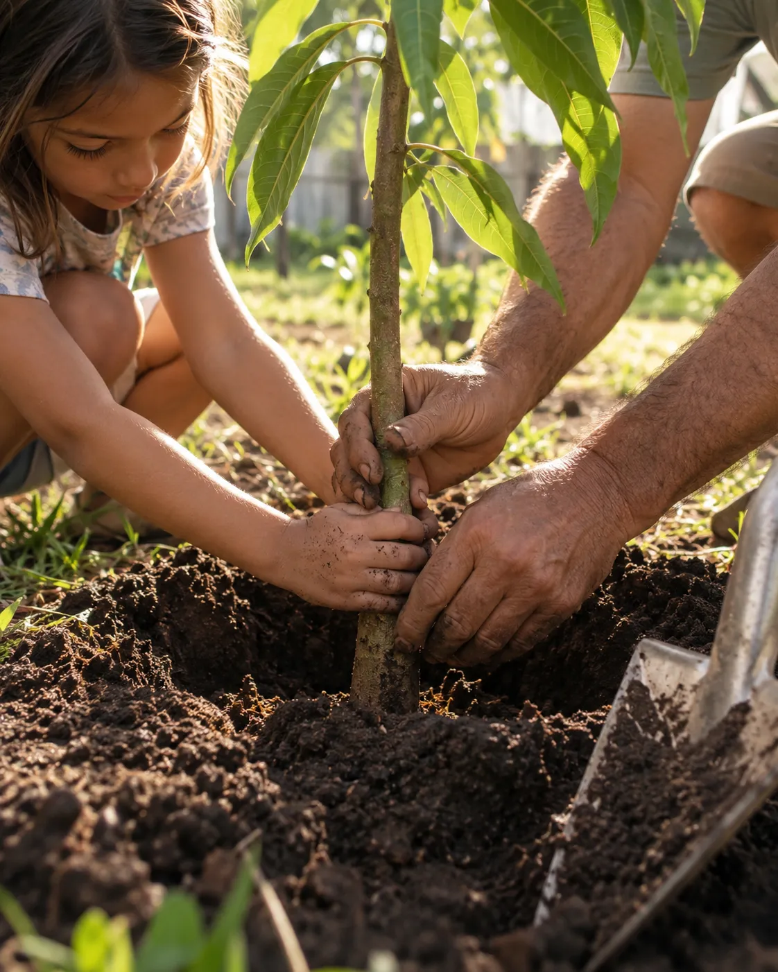 Two pairs of hands, one adult and one child, steadying a young tropical fruit tree in a freshly dug planting hole