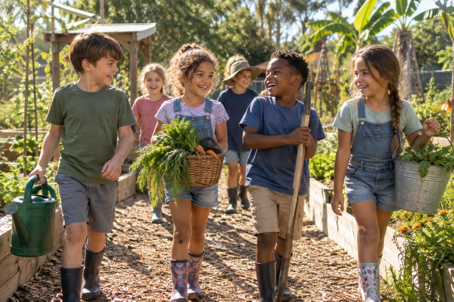 Children on a summer camp day exploring a garden path together, carrying tools and baskets