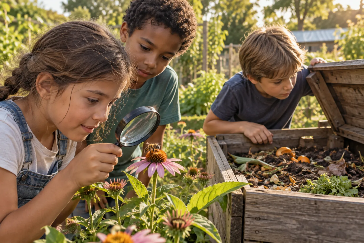 Children examining a compost bin and a pollinator plant, one holding a magnifying glass