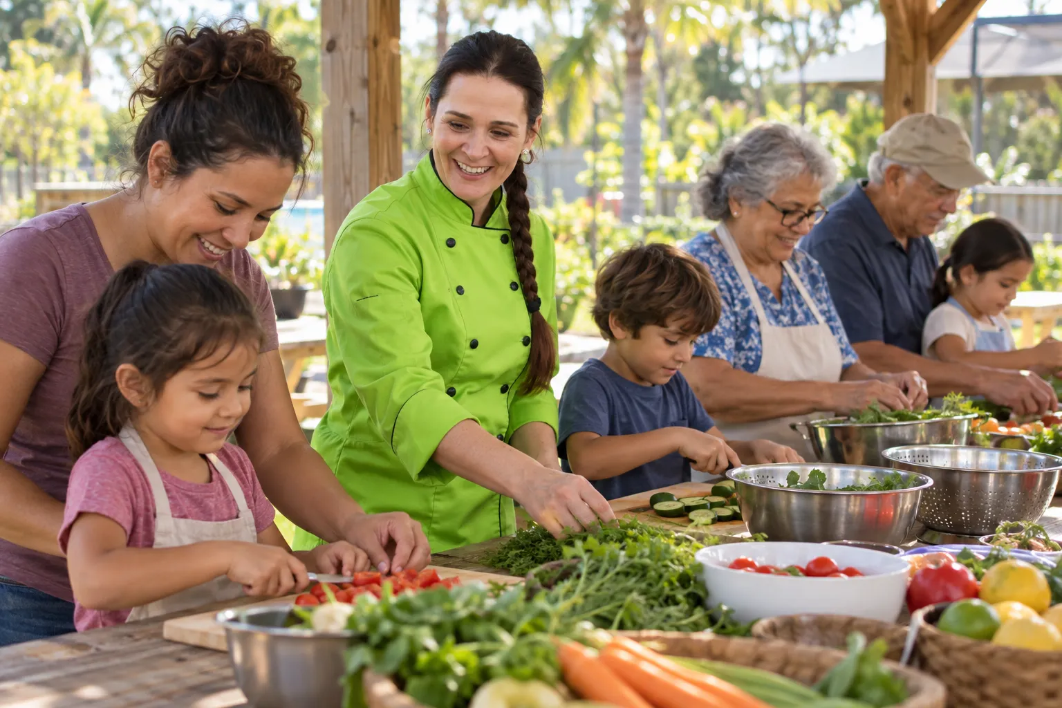 Parents, grandparents and children cooking together at a long table during a community workshop