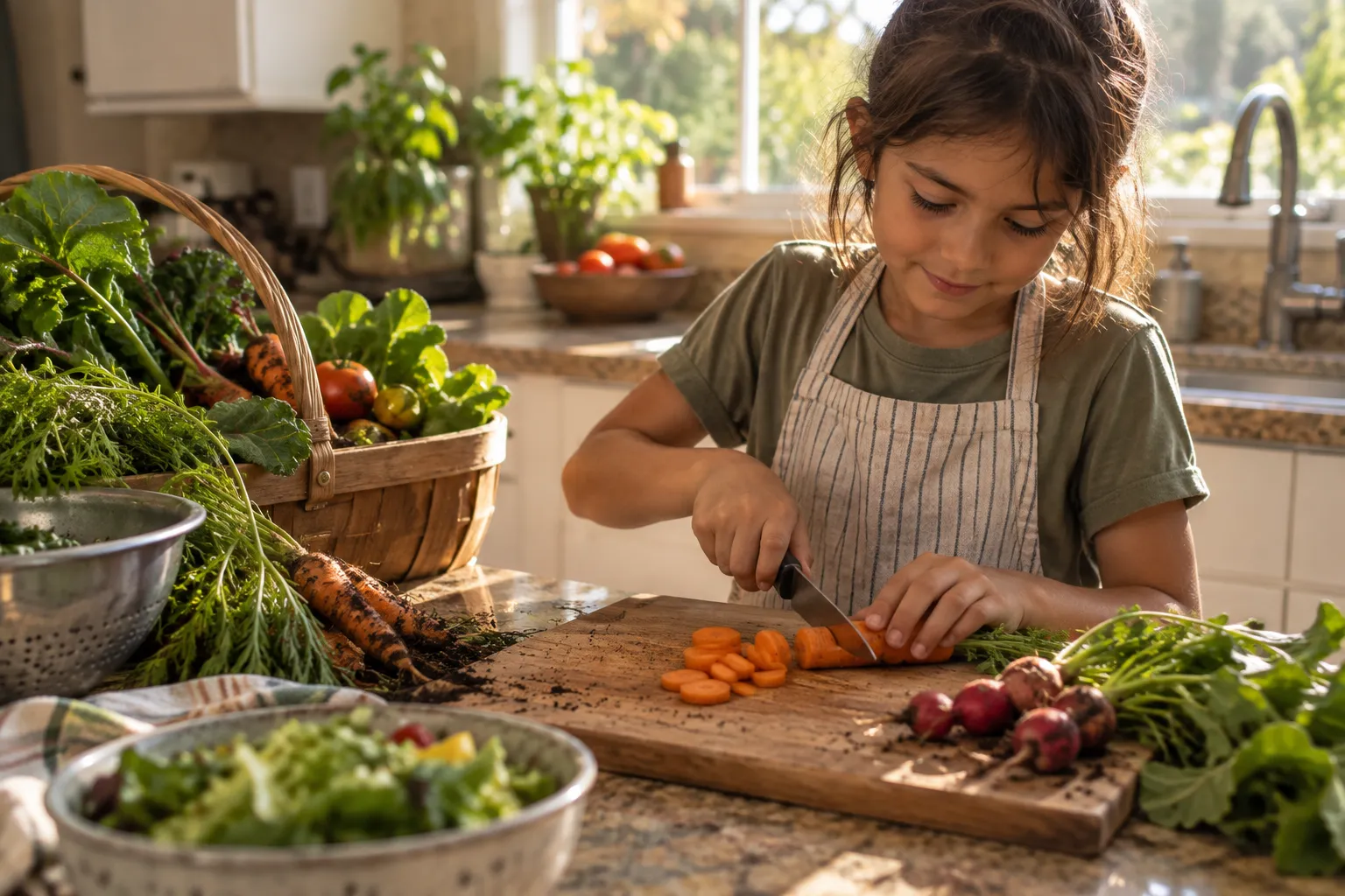 A child at a kitchen counter chopping vegetables that were just brought in from the garden