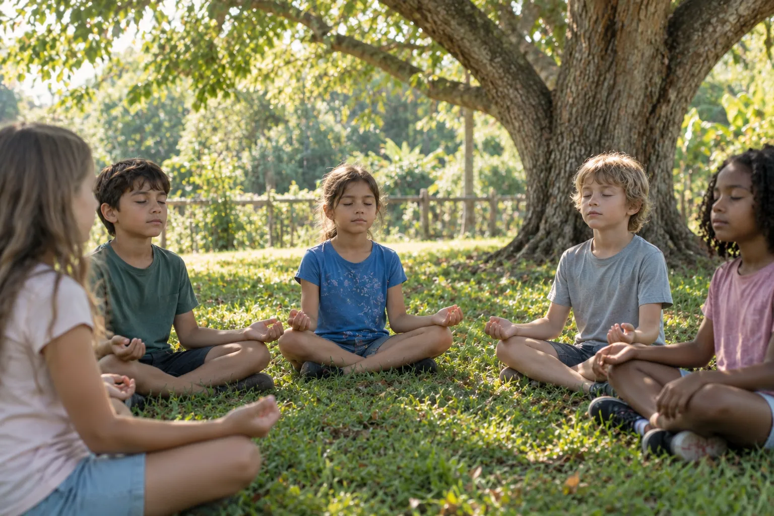 Children sitting quietly in a circle on grass beneath a large tree, eyes closed, in a mindfulness session