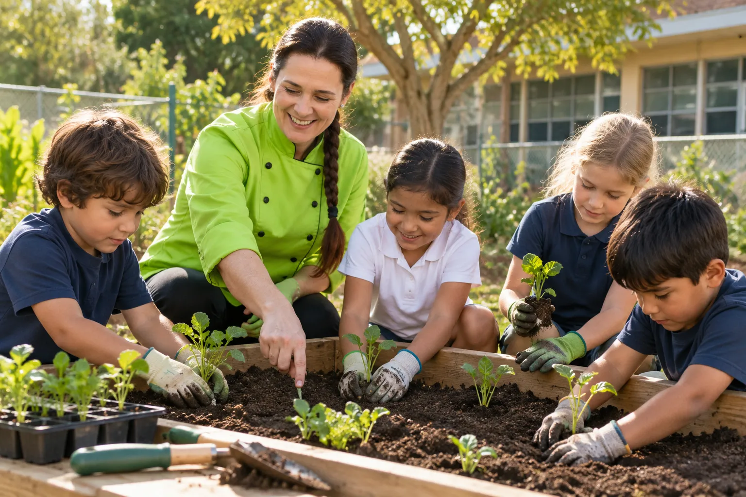 Children planting seedlings into a raised school garden bed while an educator kneels beside them