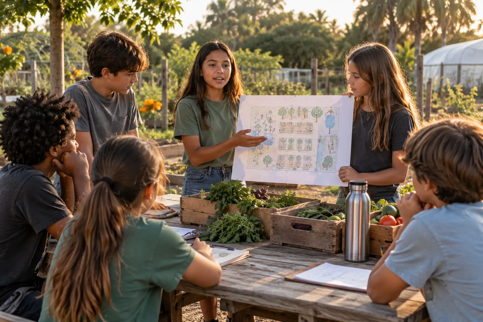 Older children presenting a plan on paper to their peers at an outdoor table, with produce beside them