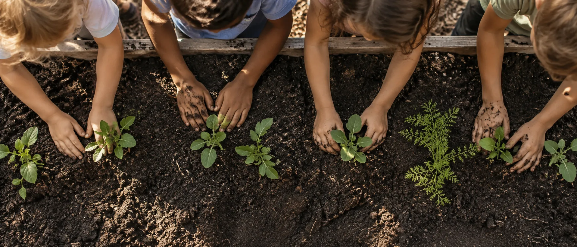 Several pairs of children's hands working together in dark soil around a row of young seedlings