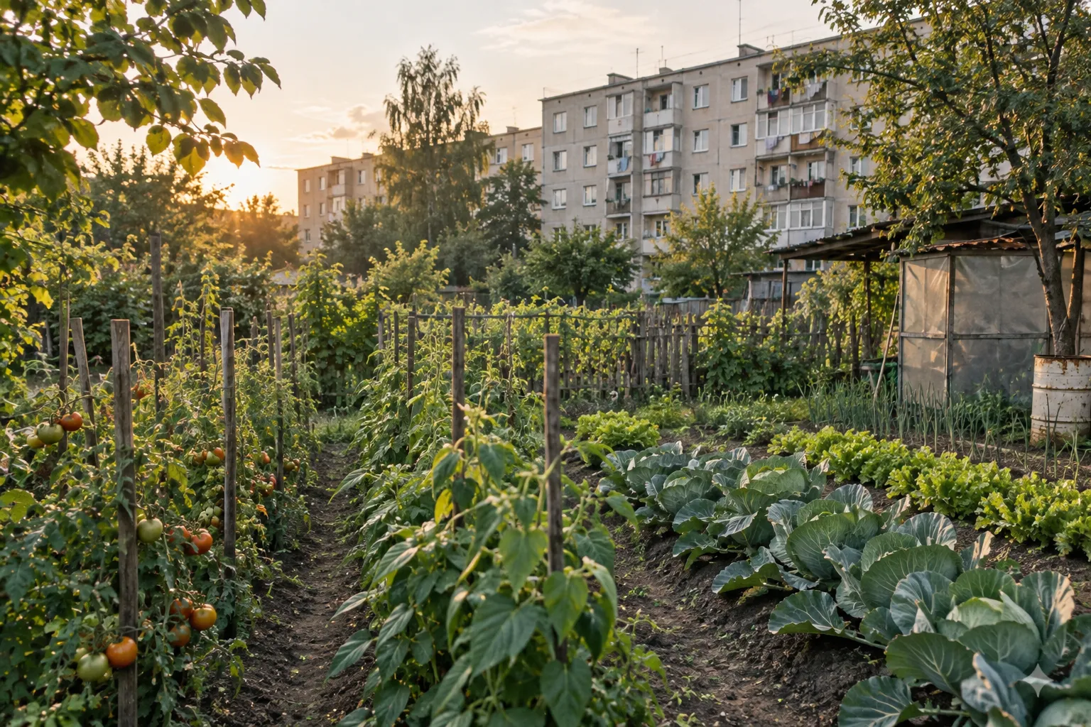 A modest family vegetable garden beside apartment blocks, rows of beans and tomatoes in evening light