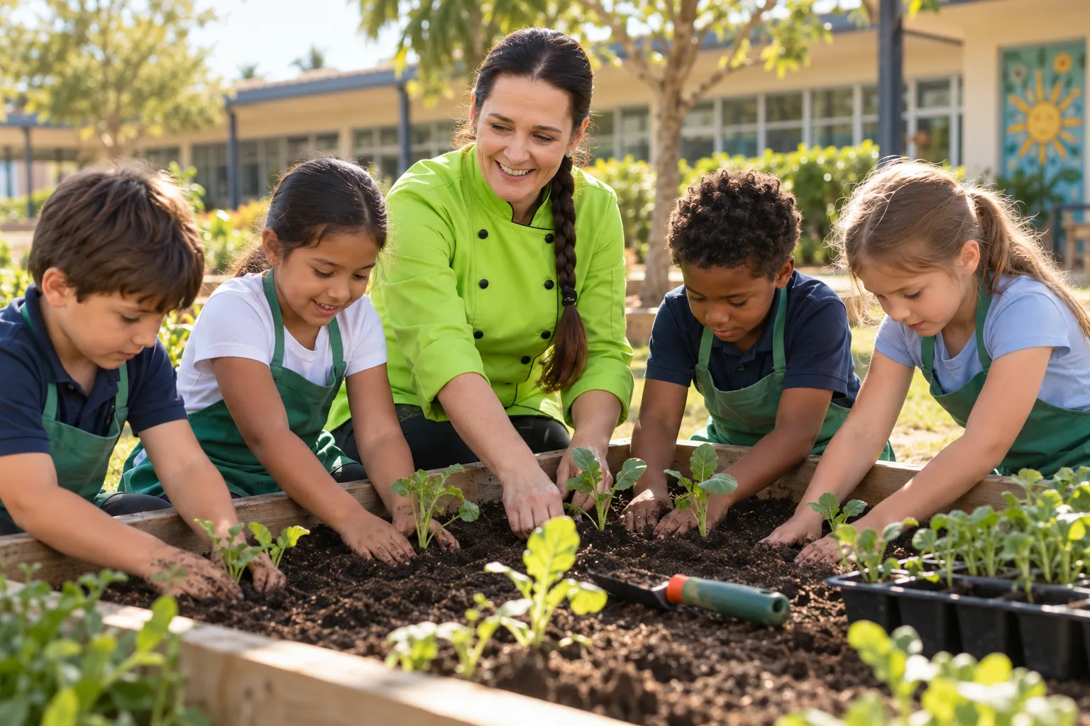 Schoolchildren kneeling beside a garden bed with an educator, planting seedlings into prepared soil
