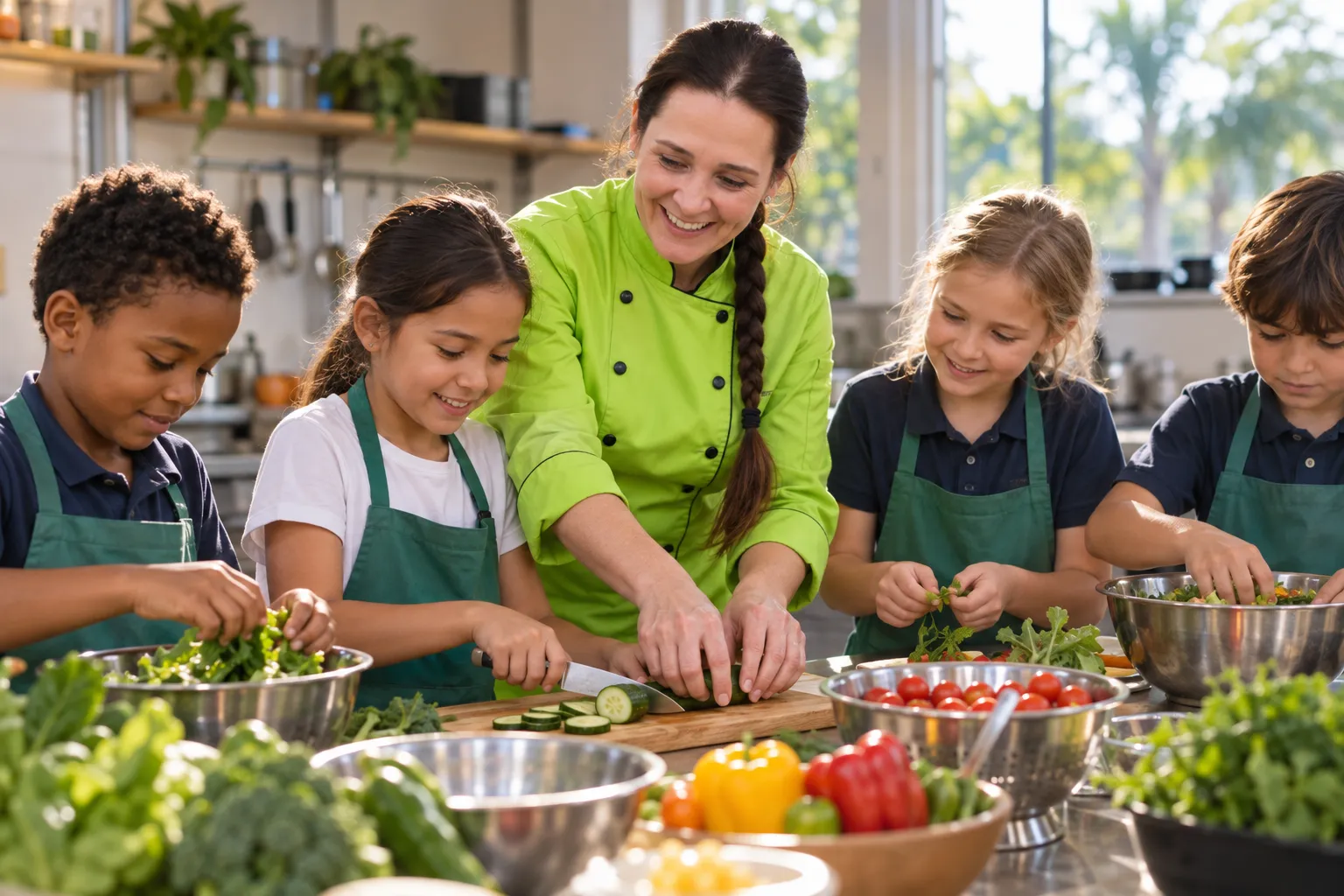 Children in aprons around a preparation table during a cooking class, an instructor guiding them