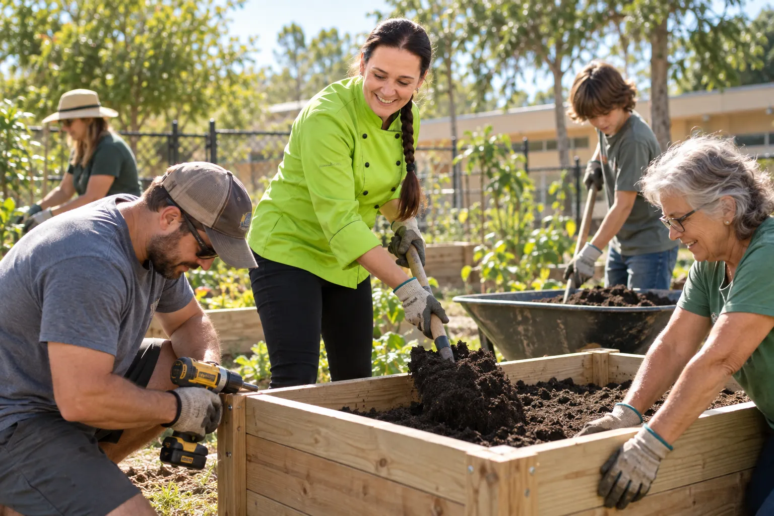 Volunteers of different ages building and filling a raised garden bed together on a bright morning
