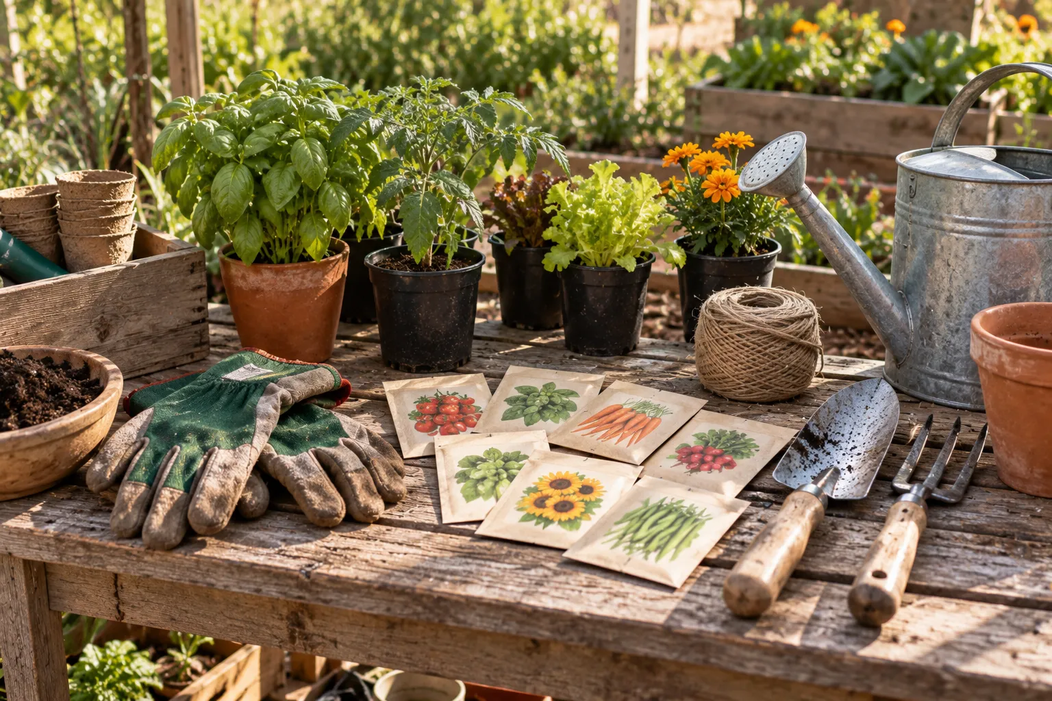 Garden supplies laid out on a bench — seed packets, trowels, gloves, watering can and young plants